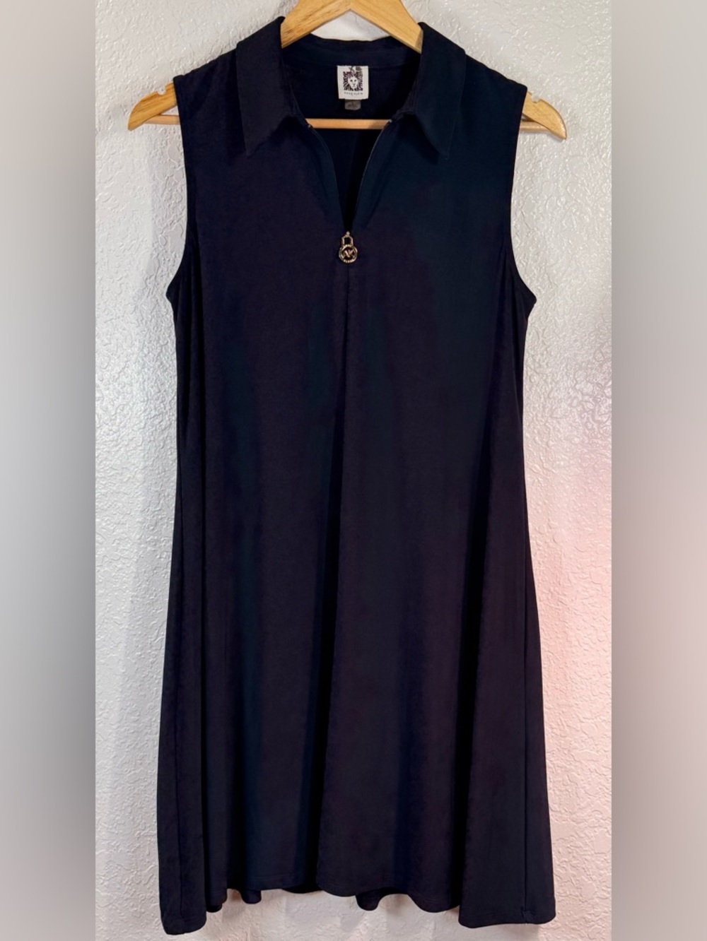 Anne Klein Black Sleeveless Polo Midi Dress with Gold Zip Pull